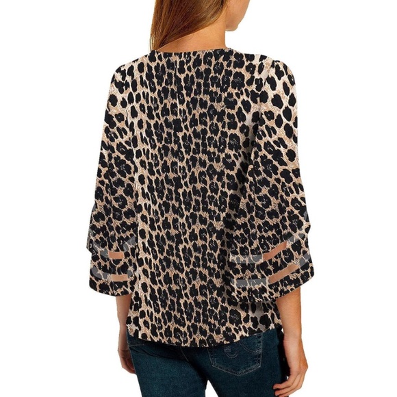 Leopard V-Neck 3/4 Bell Sleeve Mesh Panel Blouse - Picture 5 of 7